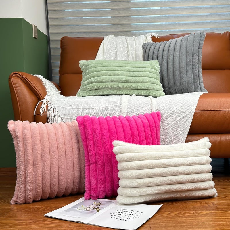 COTEY 18x18 Throw Pillow Covers Set of 2  Decorative Faux Fur Covers for Bed  Couch Soft Fluffy Pillow Cover with Velvet Back for Living Room  Neutral Home D?cor Accent for Sofa - Pink - Image 5